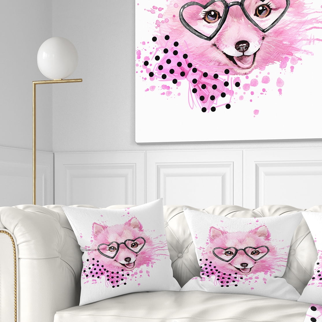 Designart Pink Dog with Heart Glasses - Contemporary Animal Throw Pillow - 16x16