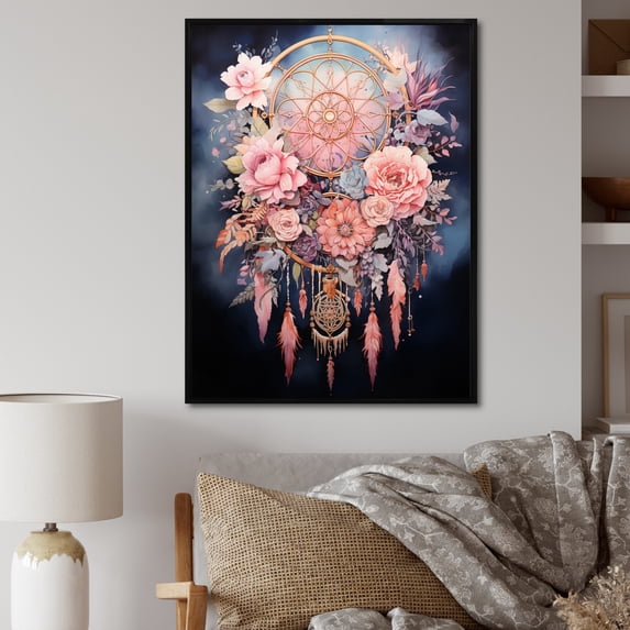 Designart "Pink Dreamcatcher Dusks Beauty " Dream Catcher Floater Framed Wall Art Living Room