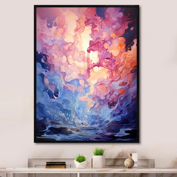 Designart "Pink Electric Reverie I" Abstract Framed Wall Art - Modern Pink Abstract Collages Entryway Framed Wall Art