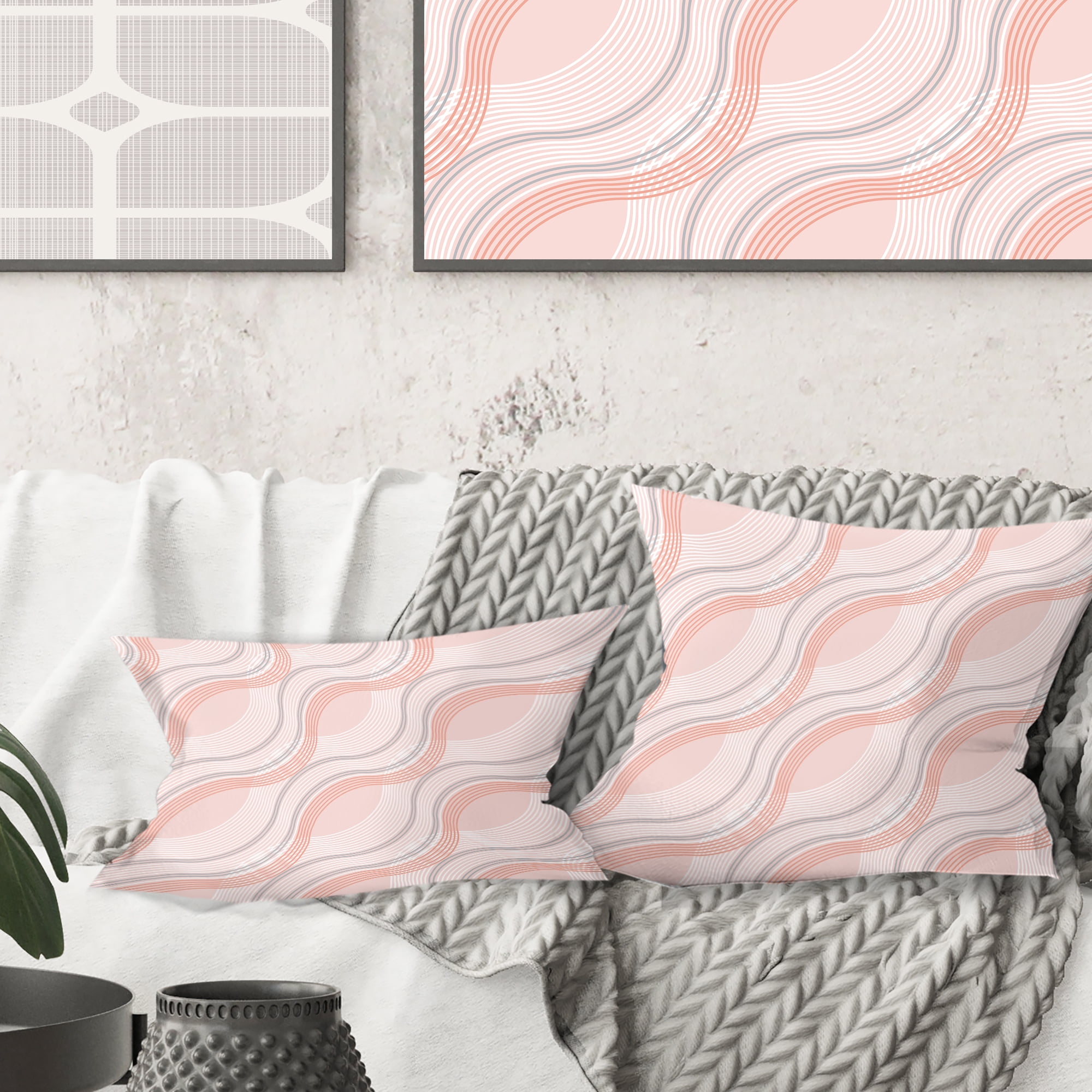 Designart Pink Elegant Pastel Waves' Mid-Century Modern Throw Pillow - 18x18