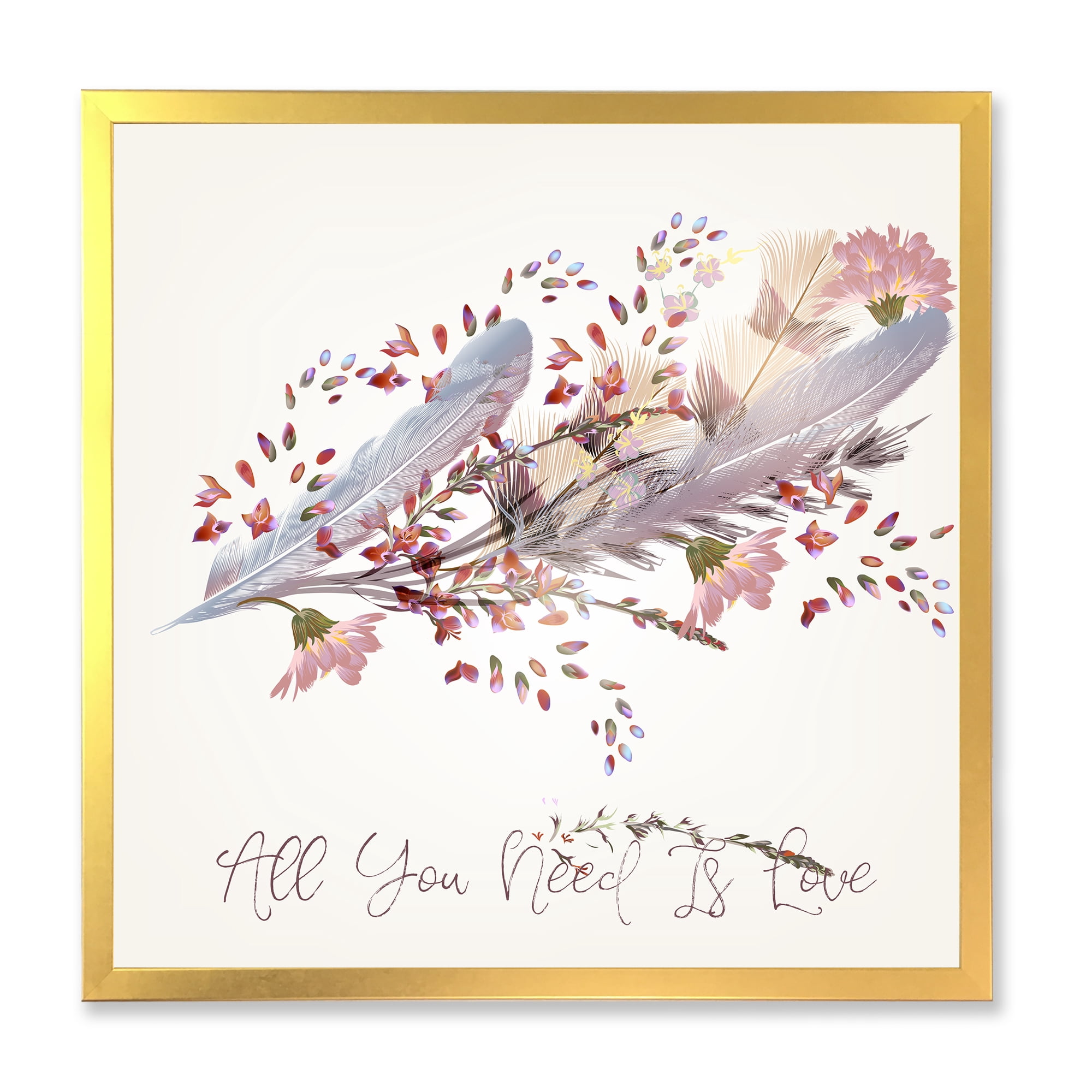 Designart 'Pink Feathers and Flowers All You Need Is Love' Bohemian & Eclectic Framed Art Print