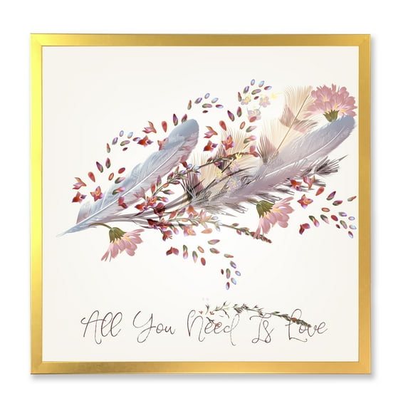 Designart 'Pink Feathers and Flowers All You Need Is Love' Bohemian & Eclectic Framed Art Print