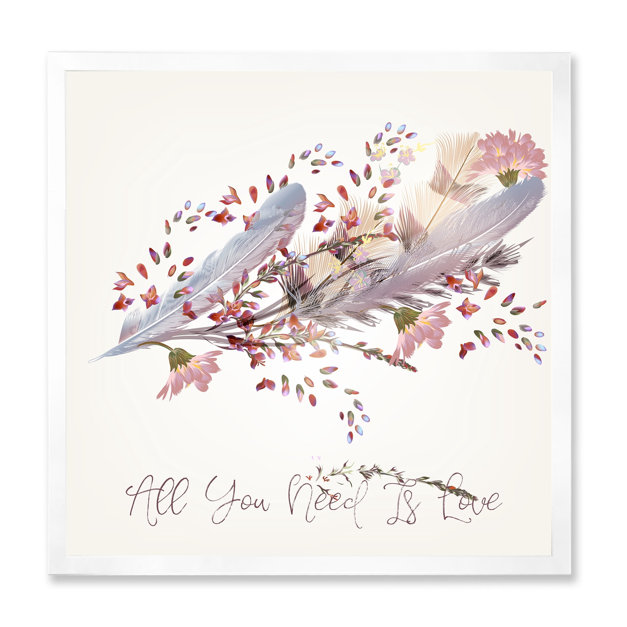 Designart 'Pink Feathers and Flowers All You Need Is Love' Bohemian & Eclectic Framed Art Print