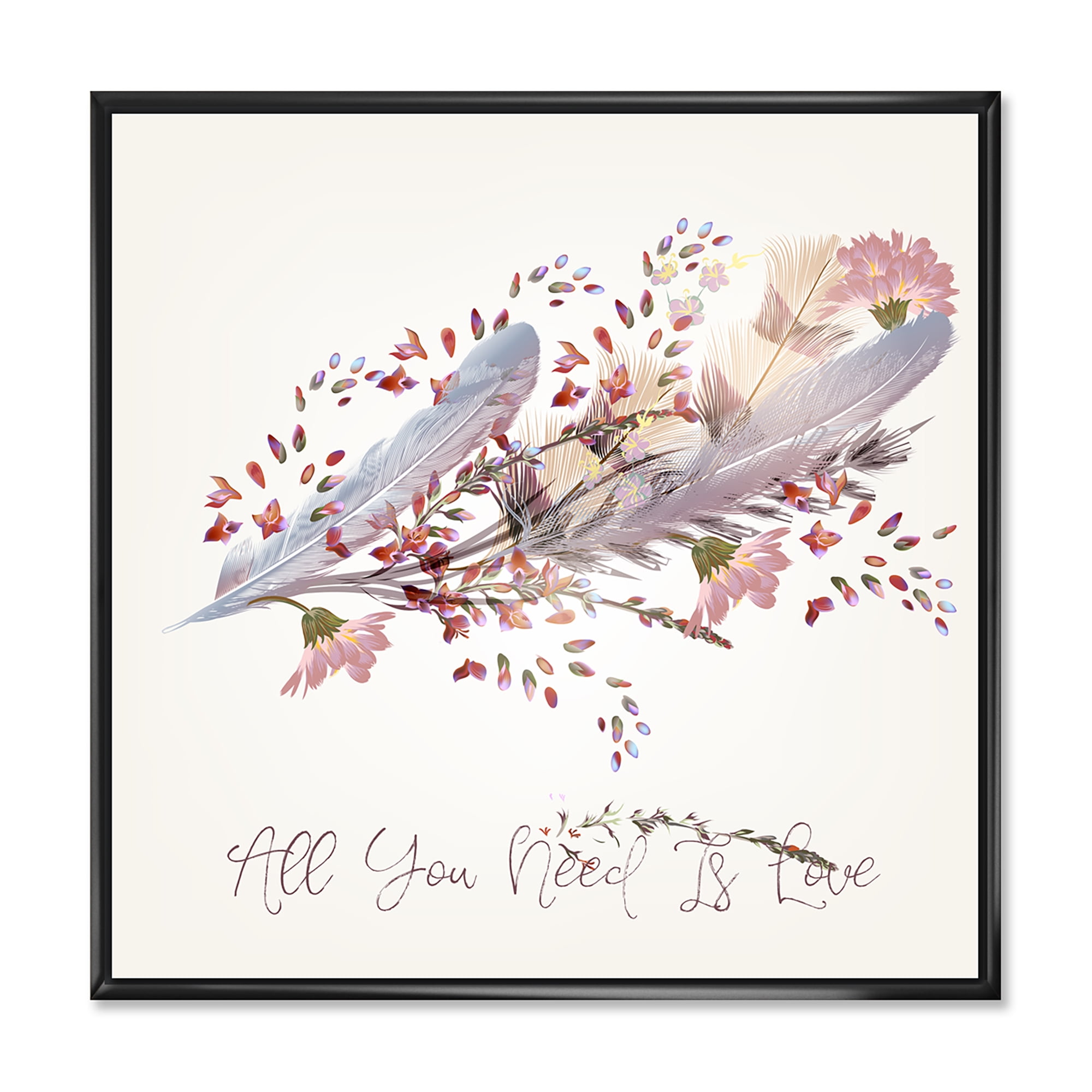 Designart 'Pink Feathers and Flowers All You Need Is Love' Bohemian & Eclectic Framed Canvas Wall Art Print