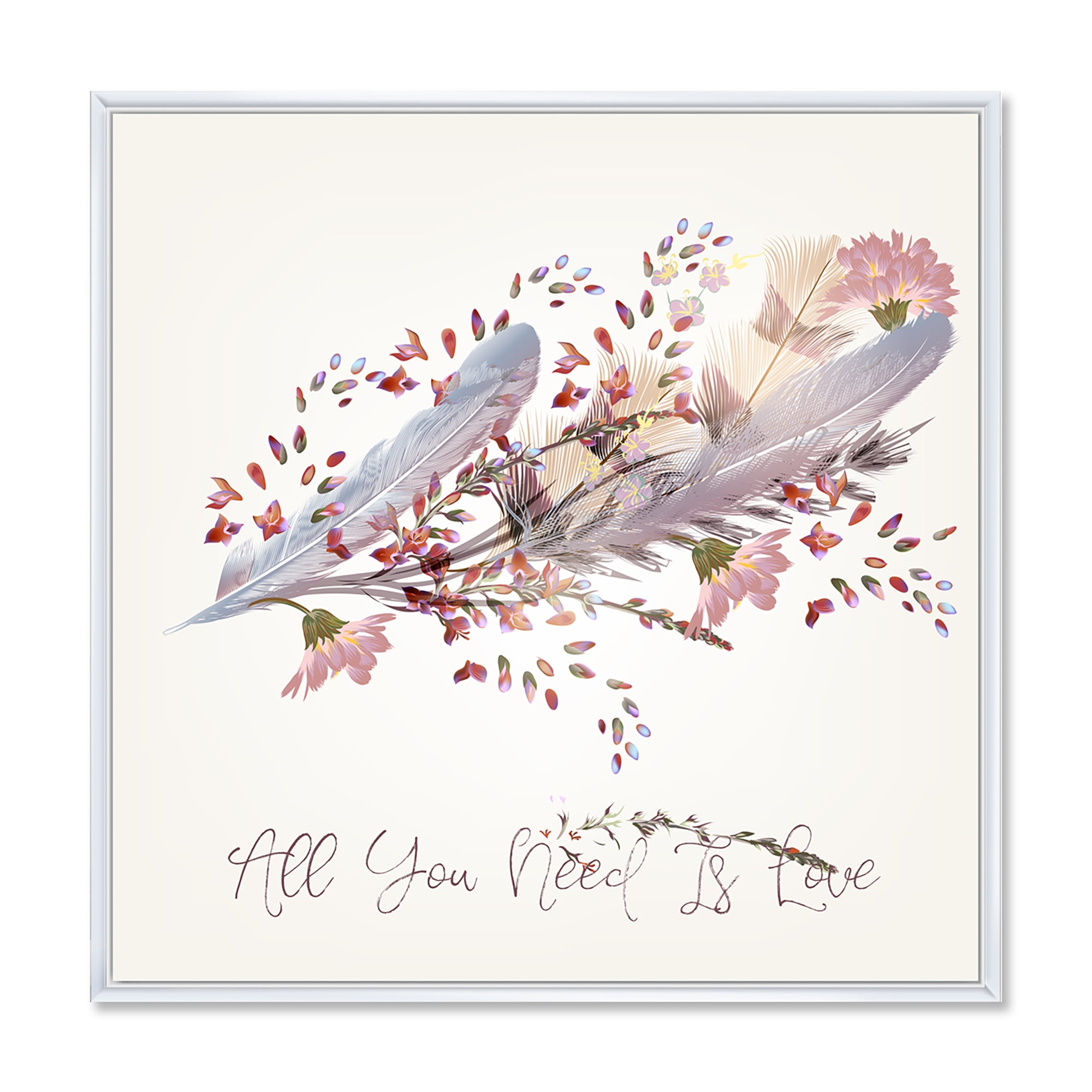 Designart 'Pink Feathers and Flowers All You Need Is Love' Bohemian & Eclectic Framed Canvas Wall Art Print