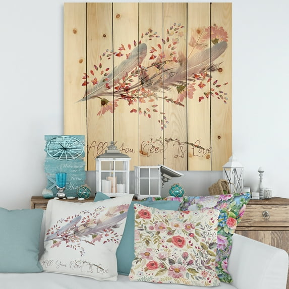 Designart 'Pink Feathers and Flowers All You Need Is Love' Bohemian & Eclectic Print on Natural Pine Wood