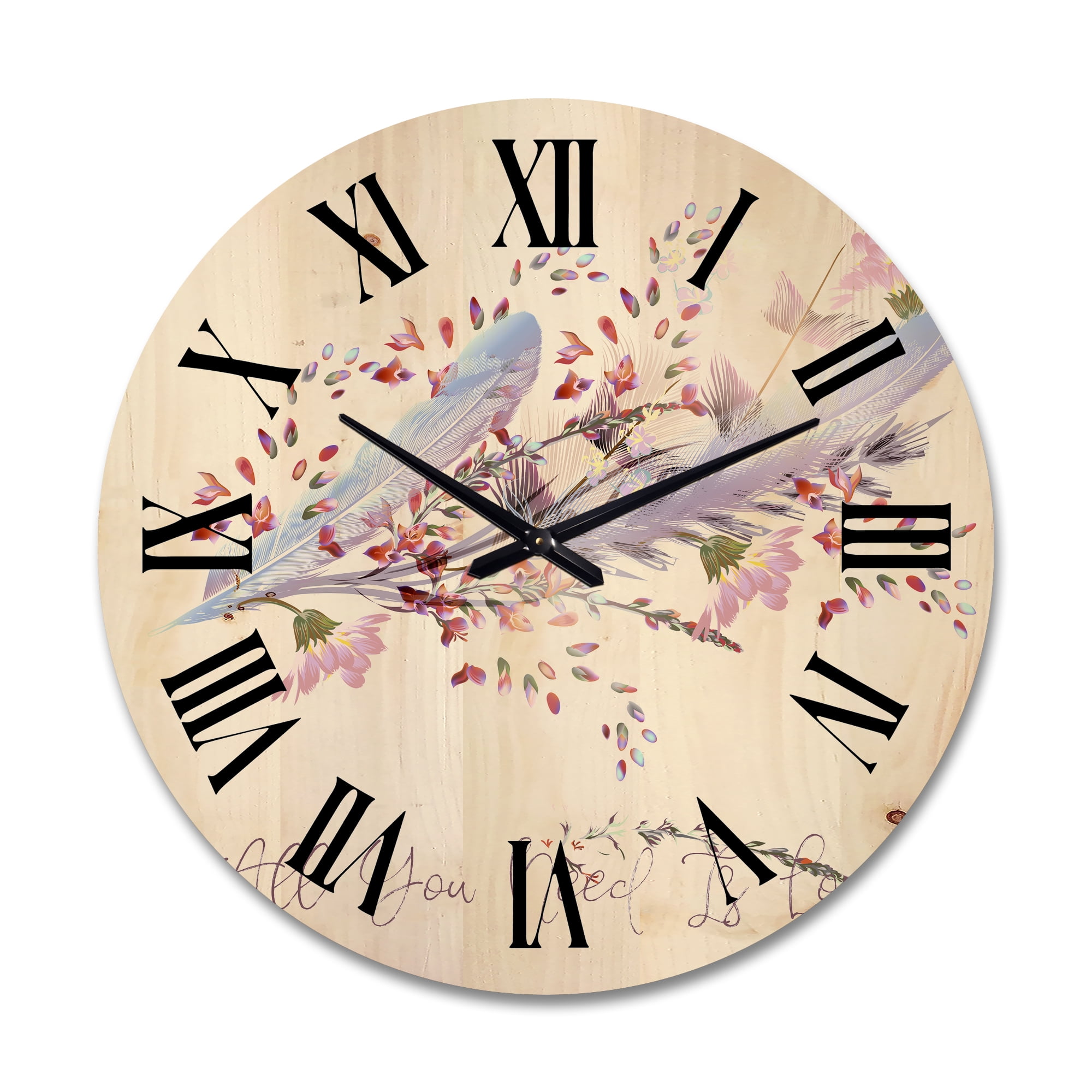 Designart 'Pink Feathers and Flowers All You Need Is Love' Bohemian & Eclectic Wood Wall Clock