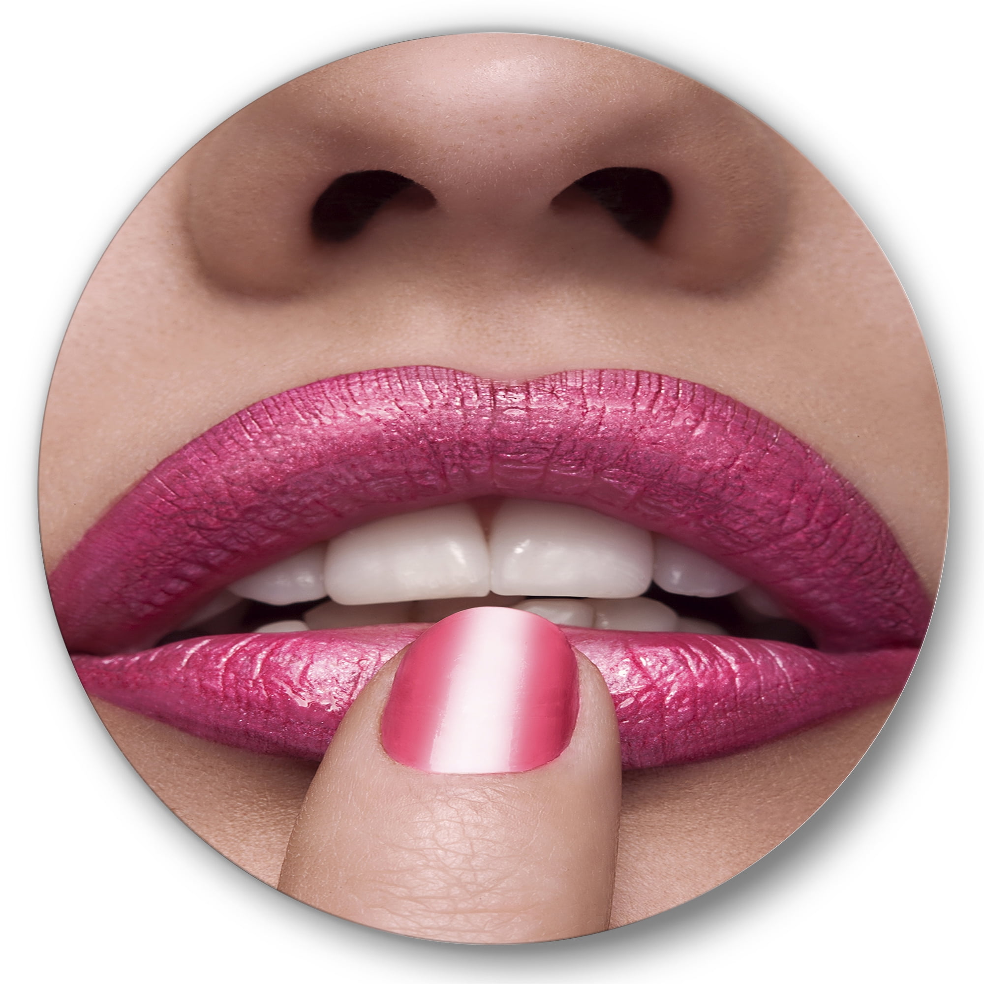 Designart 'Pink Female Lips With Finger On Mouth' Modern Circle Metal Wall Art 36x36 - Disc of 36