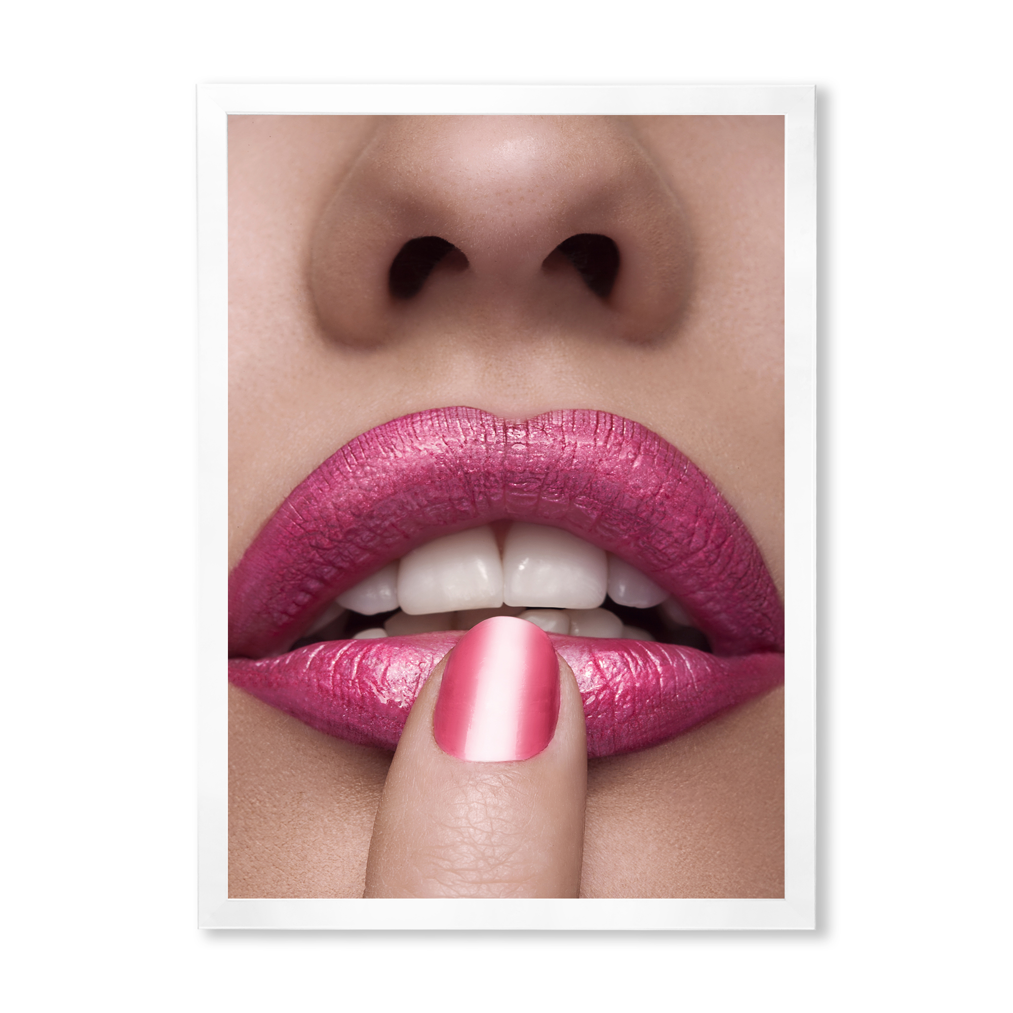 Designart 'Pink Female Lips With Finger On Mouth' Modern Framed Art Print