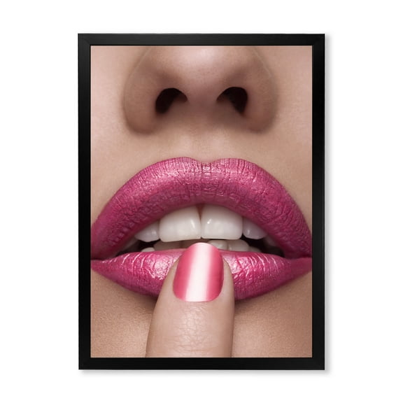 Designart 'Pink Female Lips With Finger On Mouth' Modern Framed Art Print