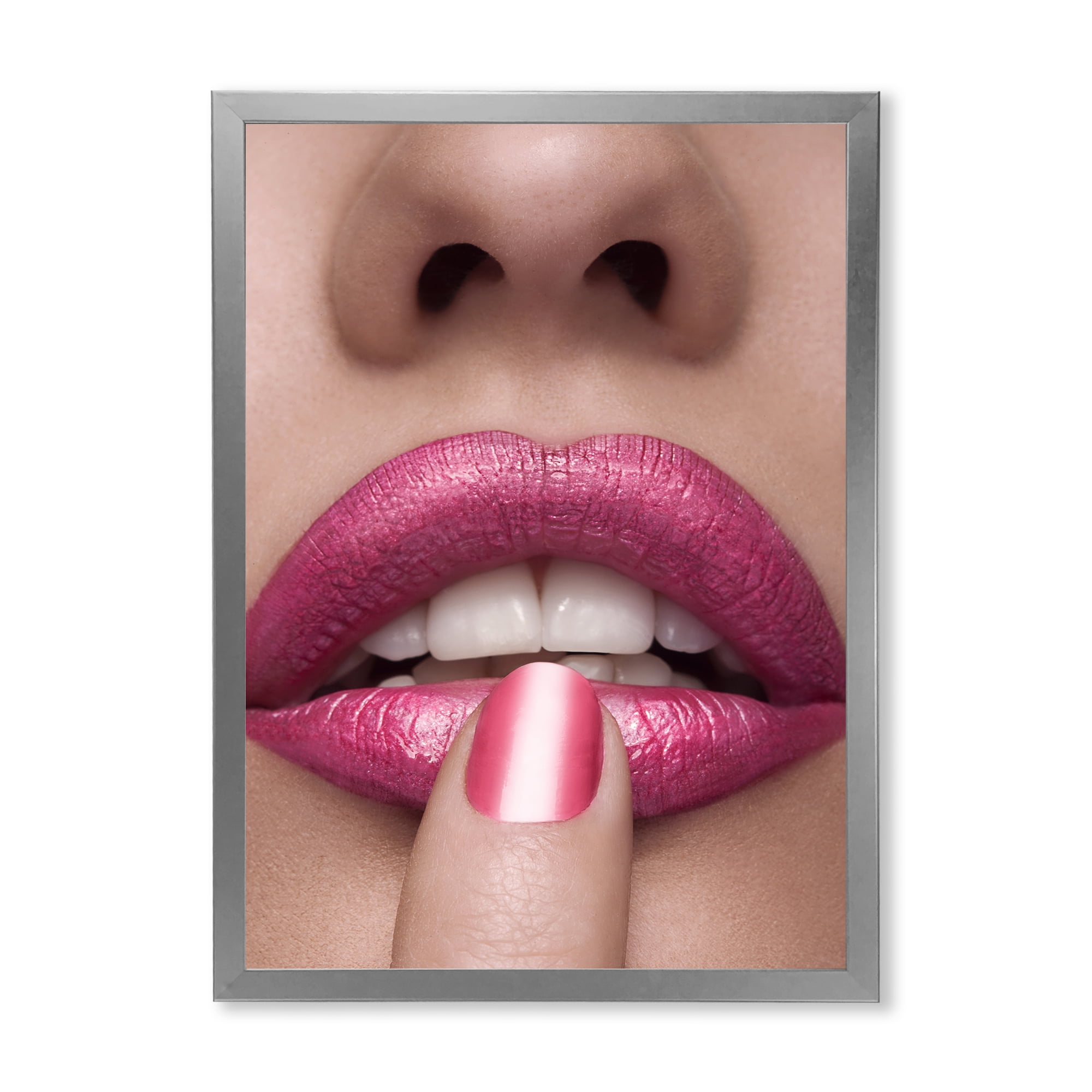 Designart 'Pink Female Lips With Finger On Mouth' Modern Framed Art Print