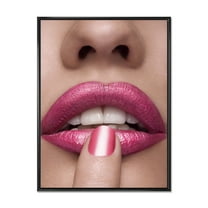 Designart 'Pink Female Lips With Finger On Mouth' Modern Framed Canvas Wall Art Print