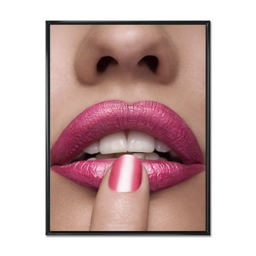 Designart 'Pink Female Lips With Finger On Mouth' Modern Framed Canvas Wall Art Print