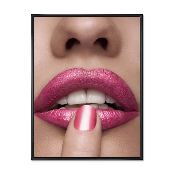 Designart 'Pink Female Lips With Finger On Mouth' Modern Framed Canvas Wall Art Print