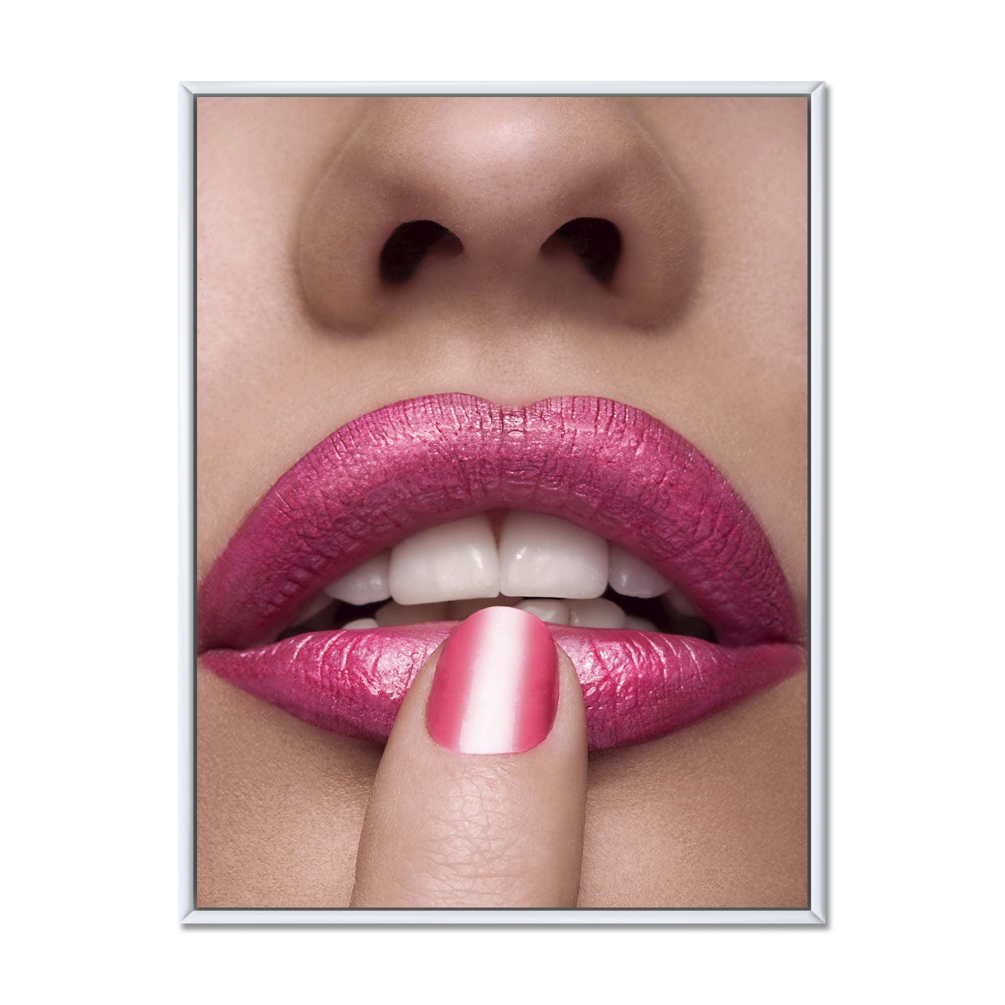 Designart 'Pink Female Lips With Finger On Mouth' Modern Framed Canvas Wall Art Print
