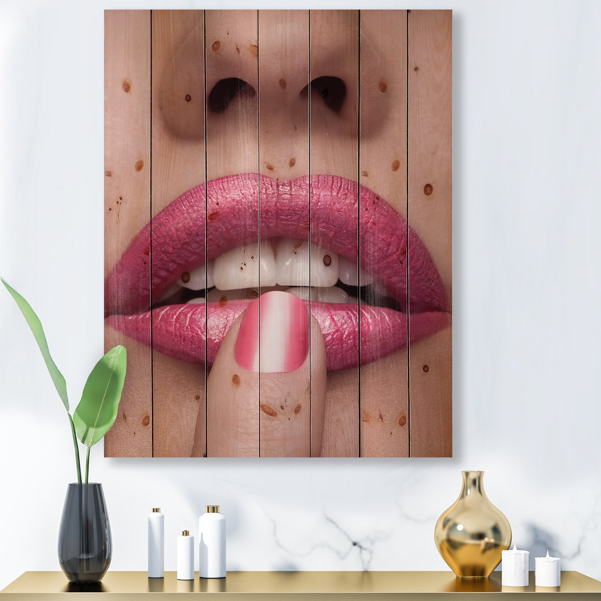 Designart 'Pink Female Lips With Finger On Mouth' Modern Print on Natural Pine Wood
