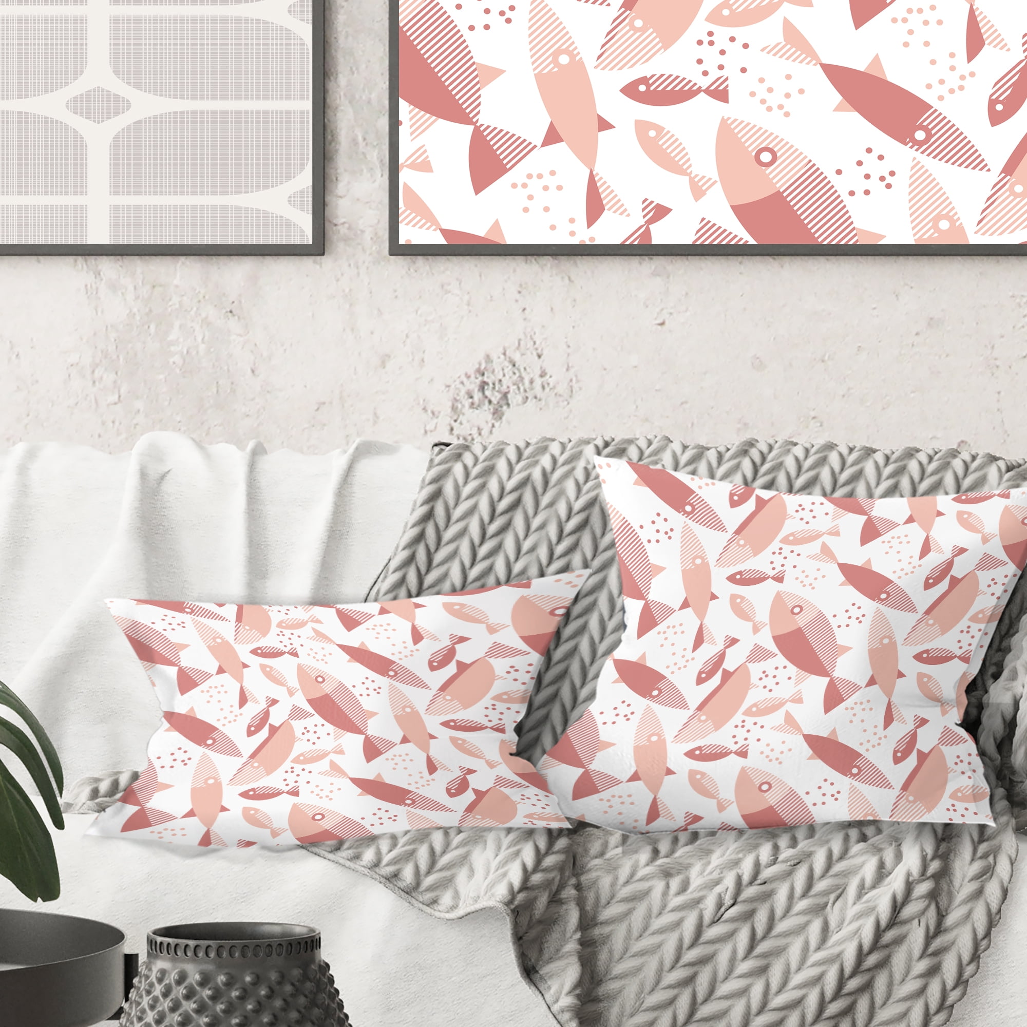 Designart Pink Fishes Pattern' Mid-Century Modern Throw Pillow - 18x18