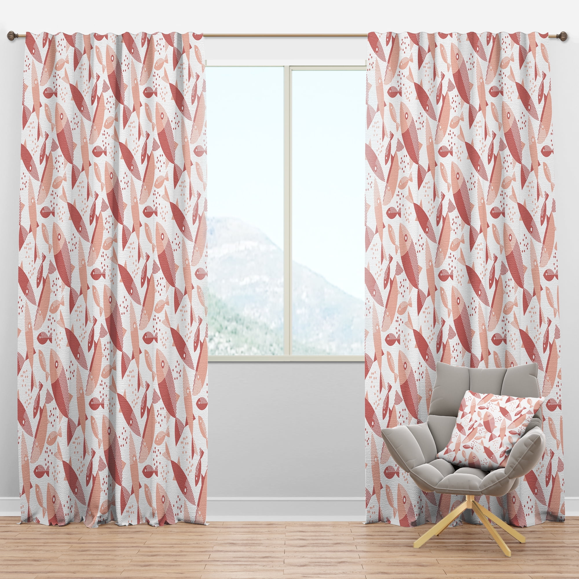 Designart 'Pink Fishes Retro Pattern' Mid-Century Modern Blackout Curtain Panel