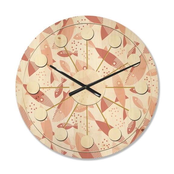 Designart 'Pink Fishes Retro Pattern' Mid-Century Modern Wood Wall Clock