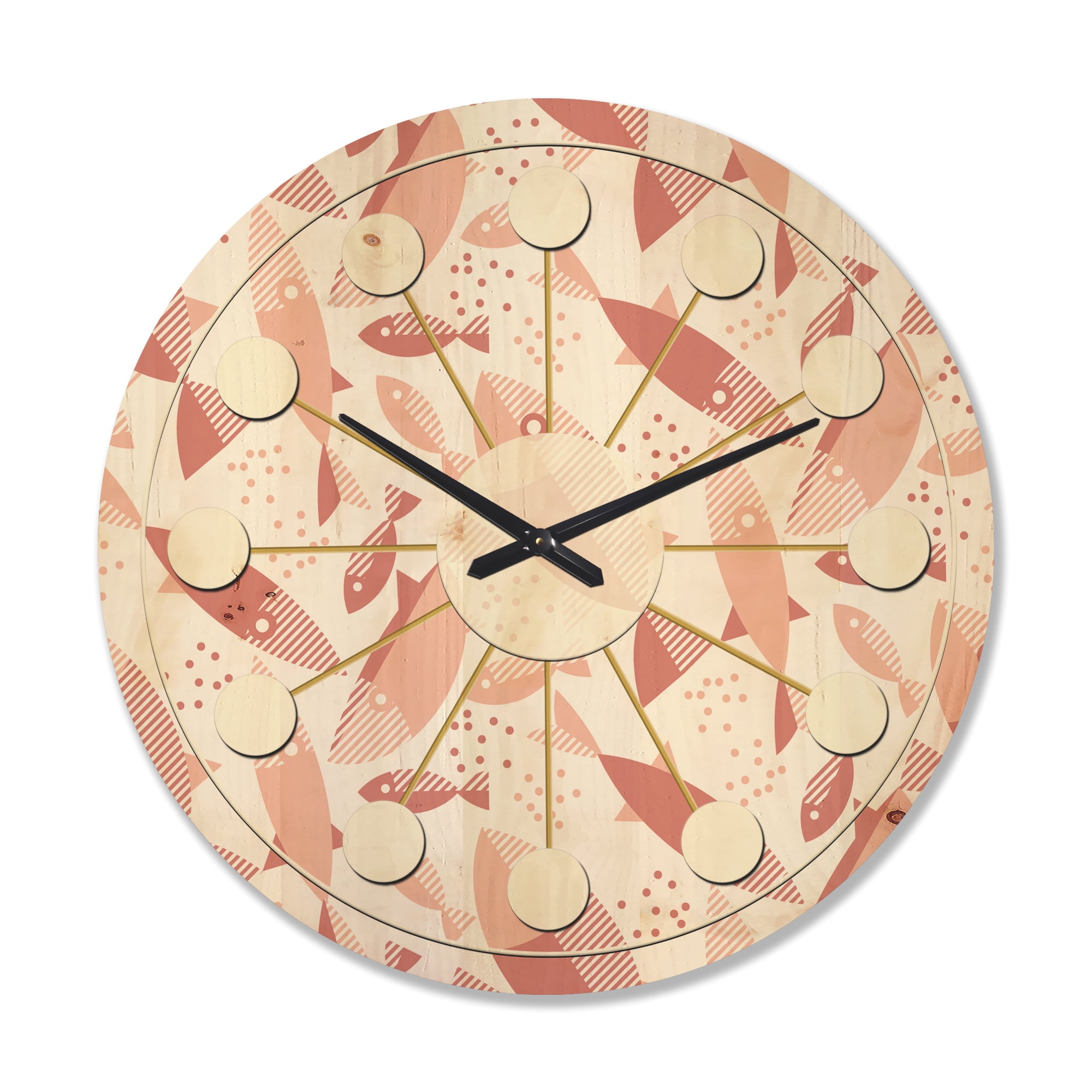 Designart 'Pink Fishes Retro Pattern' Mid-Century Modern Wood Wall Clock