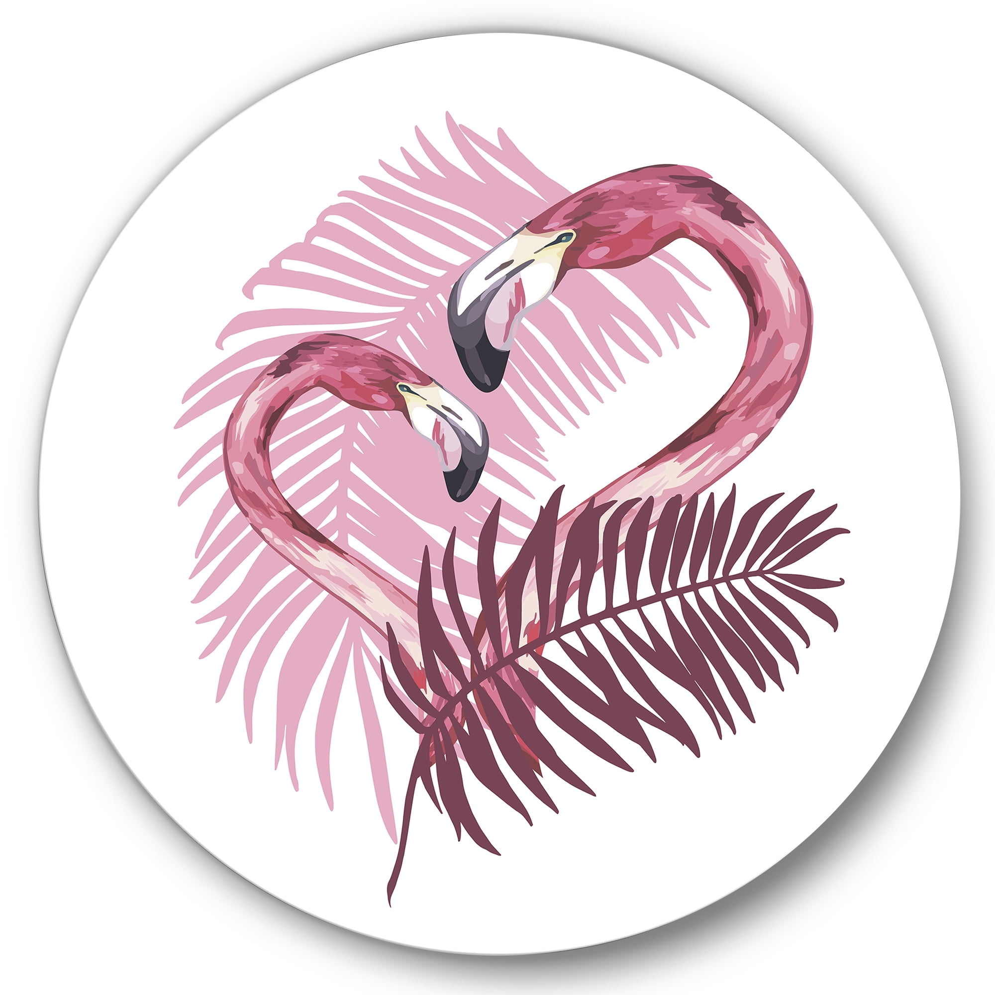 Designart 'Pink Flamingo In Tropical Summer II' Tropical Circle Metal Wall Art 11x11 - Disc of 11