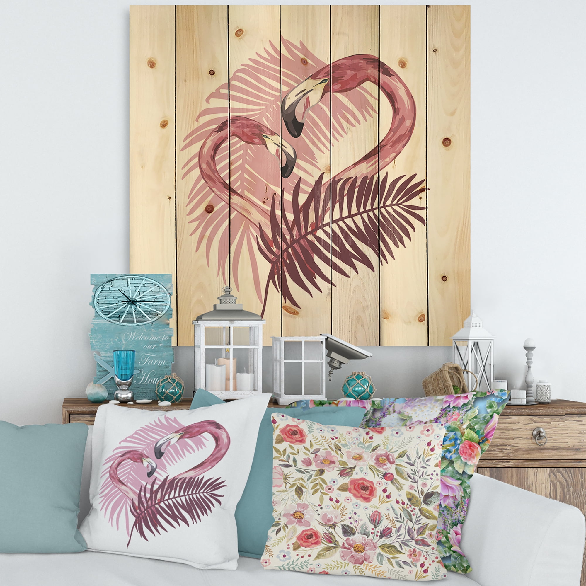 Designart 'Pink Flamingo In Tropical Summer II' Tropical Print on Natural Pine Wood
