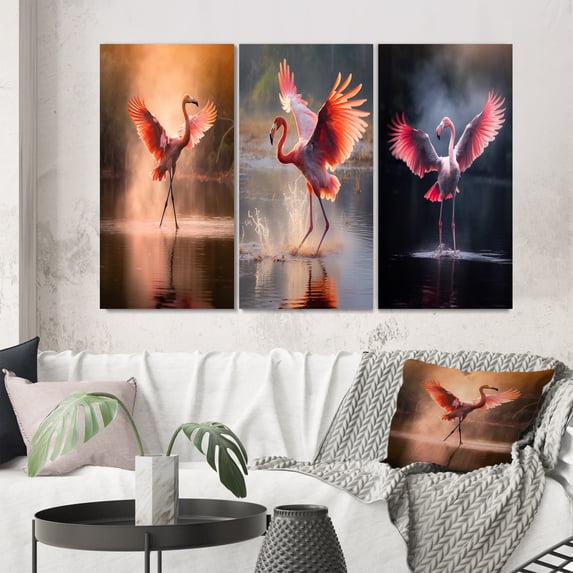 Designart "Pink Flamingo Spreading Its Wings Majestic II" Animals Flamingo Wall Art Set Of 3 - Flamingo White Gallery Set For Office Decor