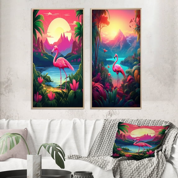 Designart "Pink Flamingo in a Tropical Landscape III" Animals Flamingo Framed Wall Art Set Of 2 - Children's Art Pink Gallery Wall Frame Set For Home Decor