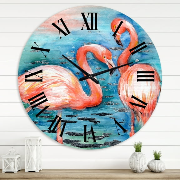 Designart 'Pink Flamingos In Blue Water I' Farmhouse Wall Clock