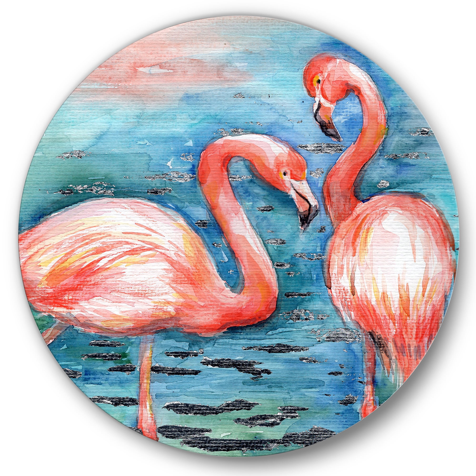 Designart 'Pink Flamingos Love Birds In Blue Water I' Farmhouse Circle Metal Wall Art 23x23 - Disc of 23