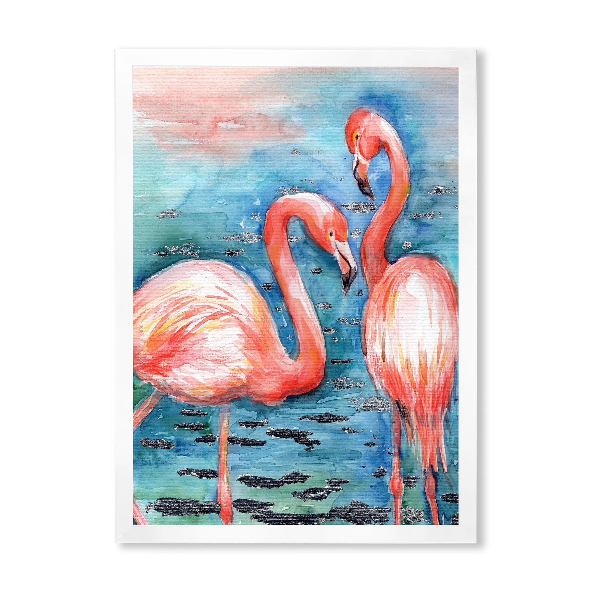 Designart 'Pink Flamingos Love Birds In Blue Water I' Farmhouse Framed Art Print