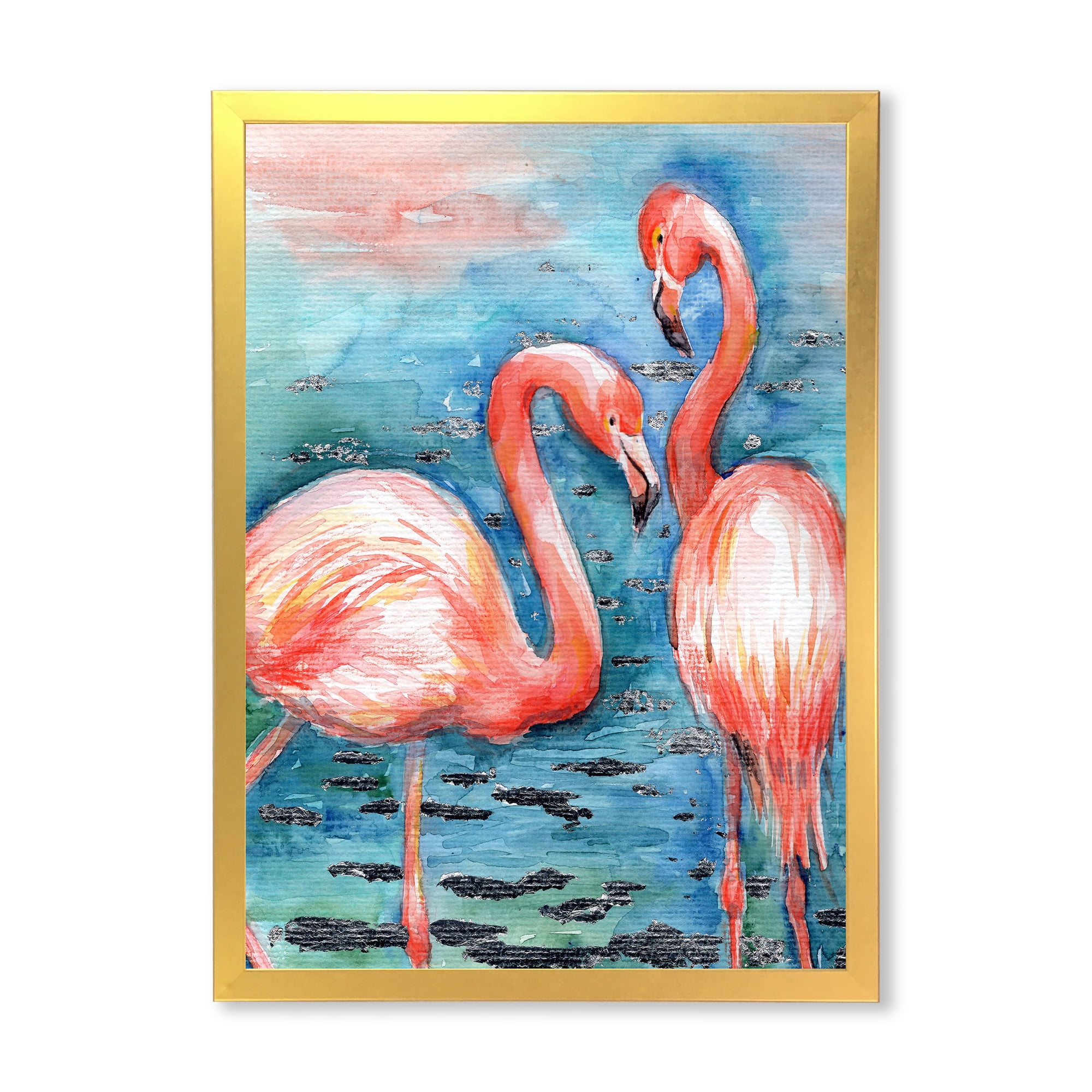 Designart 'Pink Flamingos Love Birds In Blue Water I' Farmhouse Framed Art Print