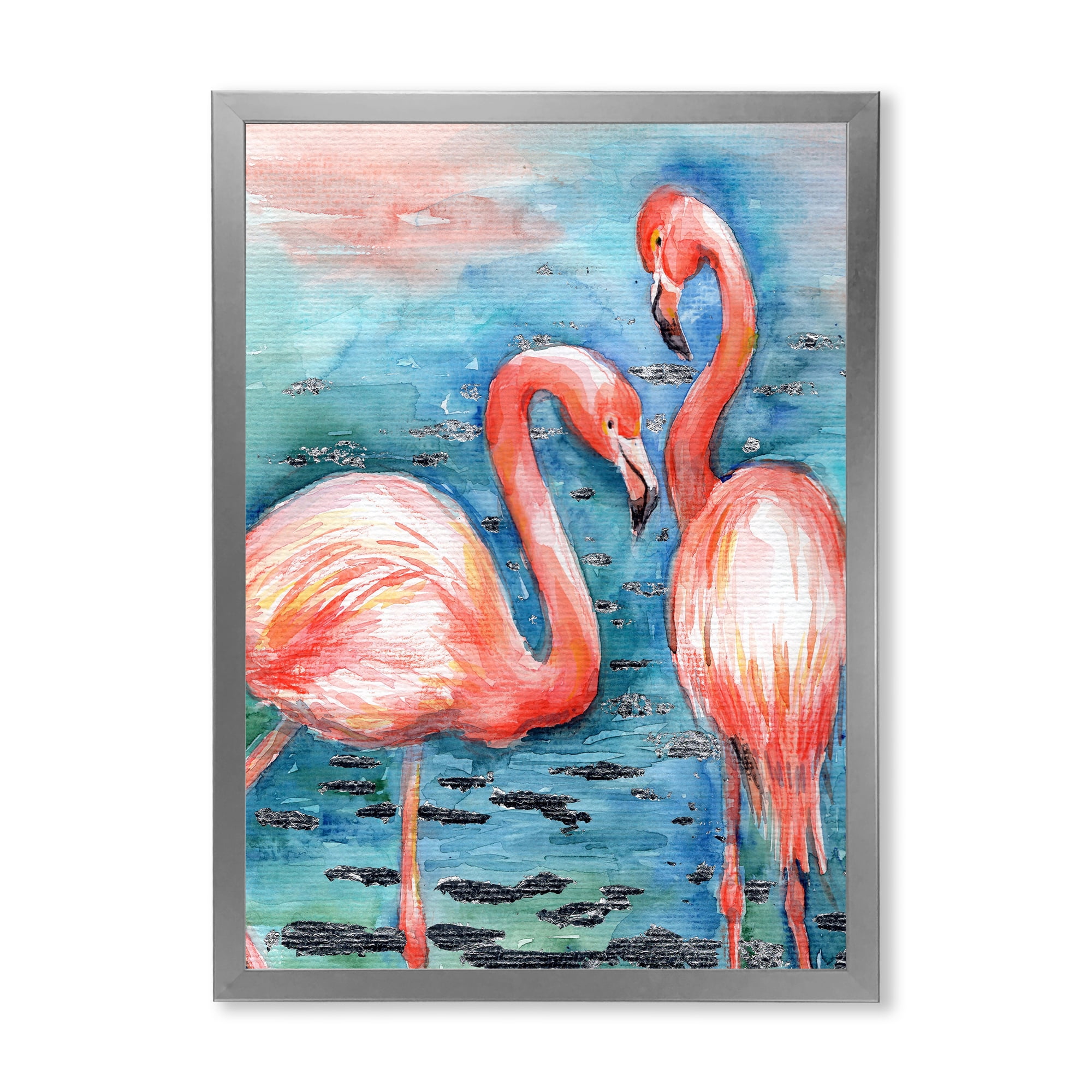 Designart 'Pink Flamingos Love Birds In Blue Water I' Farmhouse Framed Art Print