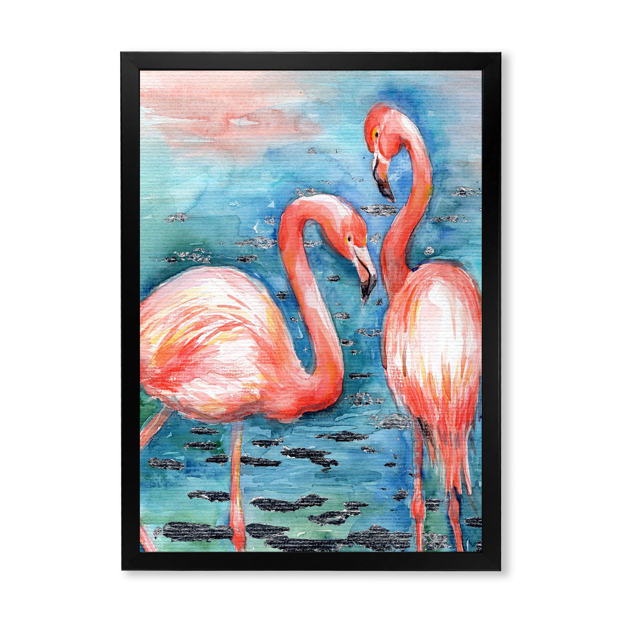 Designart 'Pink Flamingos Love Birds In Blue Water I' Farmhouse Framed Art Print
