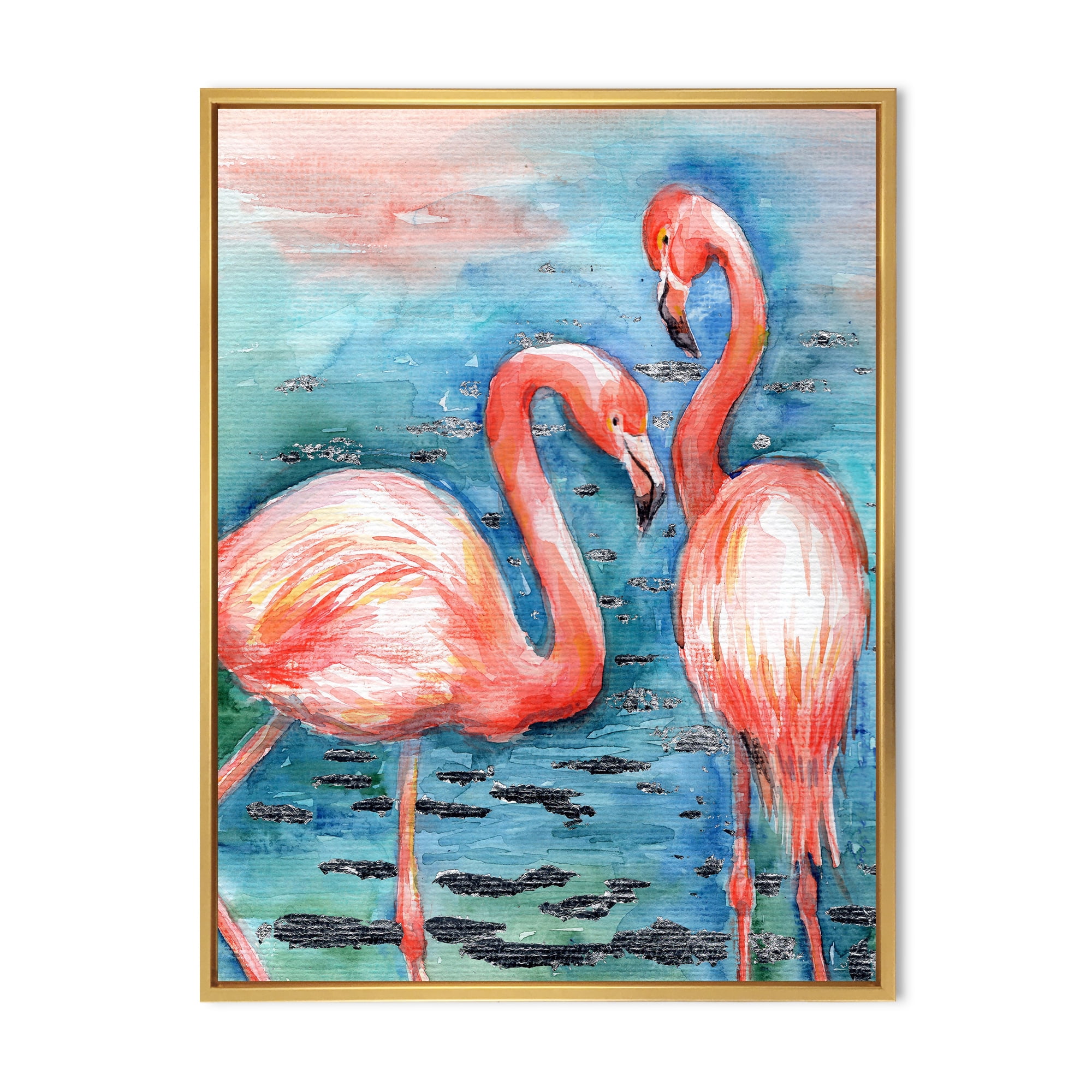 Designart 'Pink Flamingos Love Birds In Blue Water I' Farmhouse Framed Canvas Wall Art Print