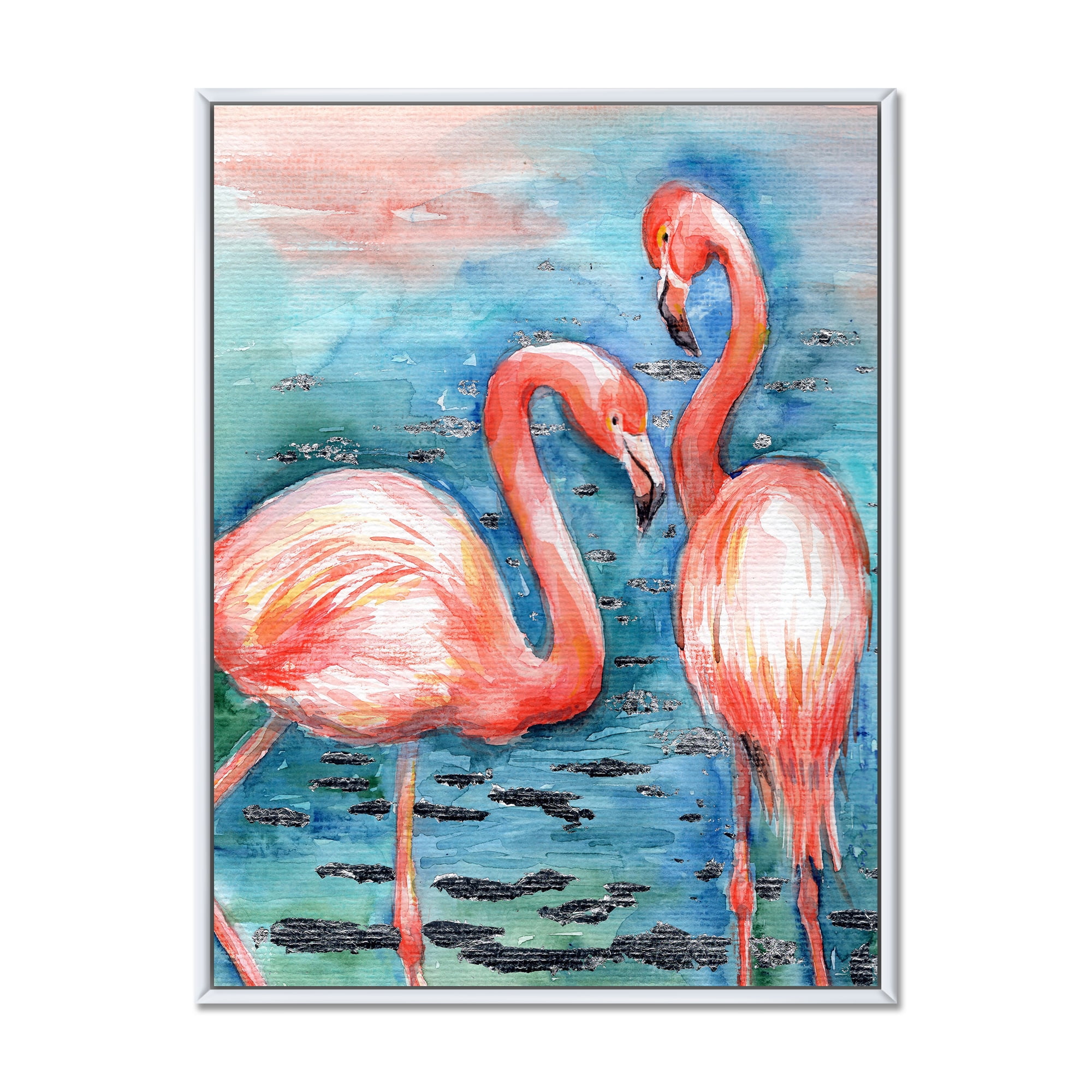 Designart 'Pink Flamingos Love Birds In Blue Water I' Farmhouse Framed Canvas Wall Art Print