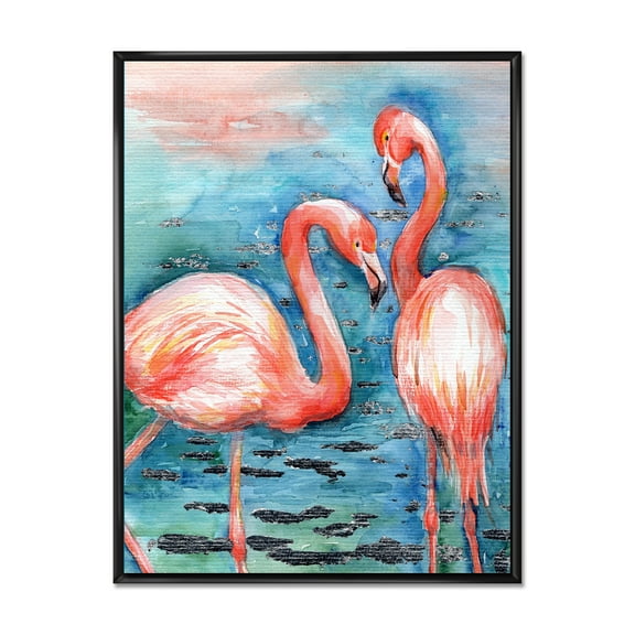 Designart 'Pink Flamingos Love Birds In Blue Water I' Farmhouse Framed Canvas Wall Art Print