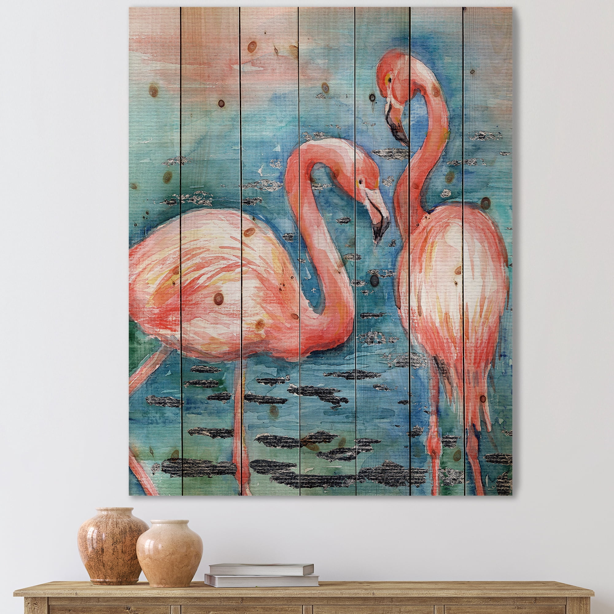 Designart 'Pink Flamingos Love Birds In Blue Water I' Farmhouse Print on Natural Pine Wood