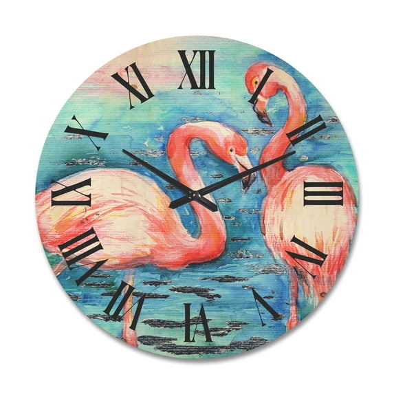 Designart 'Pink Flamingos Love Birds In Blue Water I' Farmhouse Wood Wall Clock