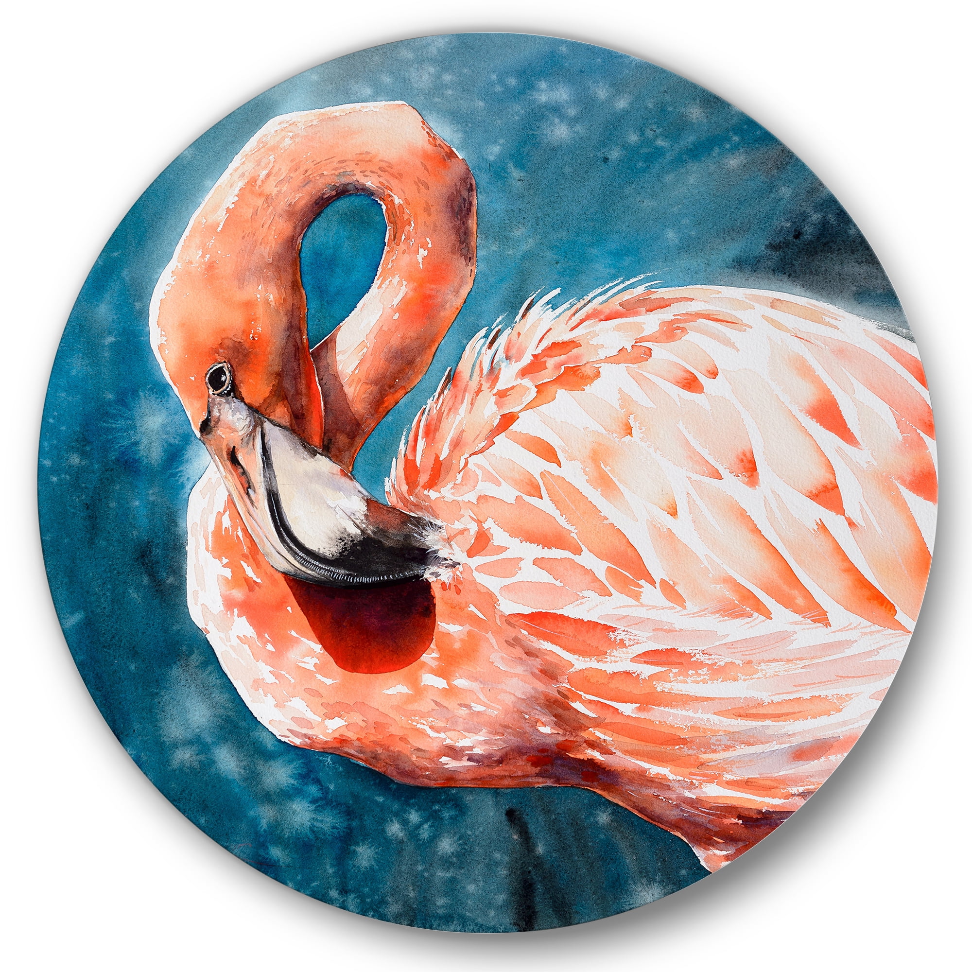 Designart 'Pink Flamingos Love Birds In Blue Water II' Farmhouse Circle Metal Wall Art 36x36 - Disc of 36