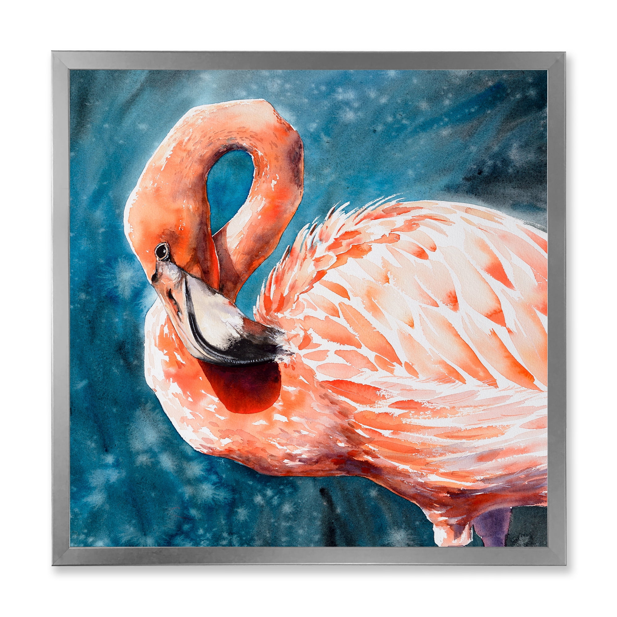 Designart 'Pink Flamingos Love Birds In Blue Water II' Farmhouse Framed Art Print