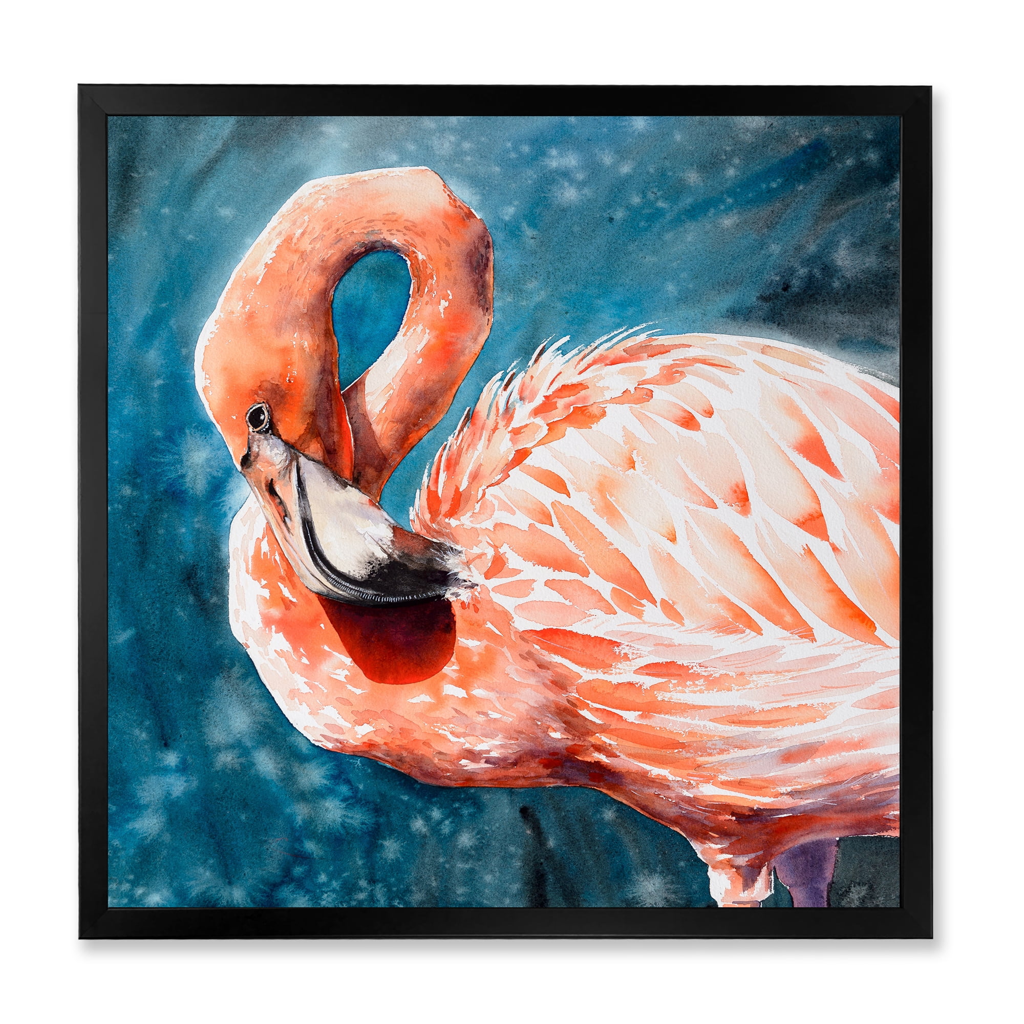 Designart 'Pink Flamingos Love Birds In Blue Water II' Farmhouse Framed Art Print