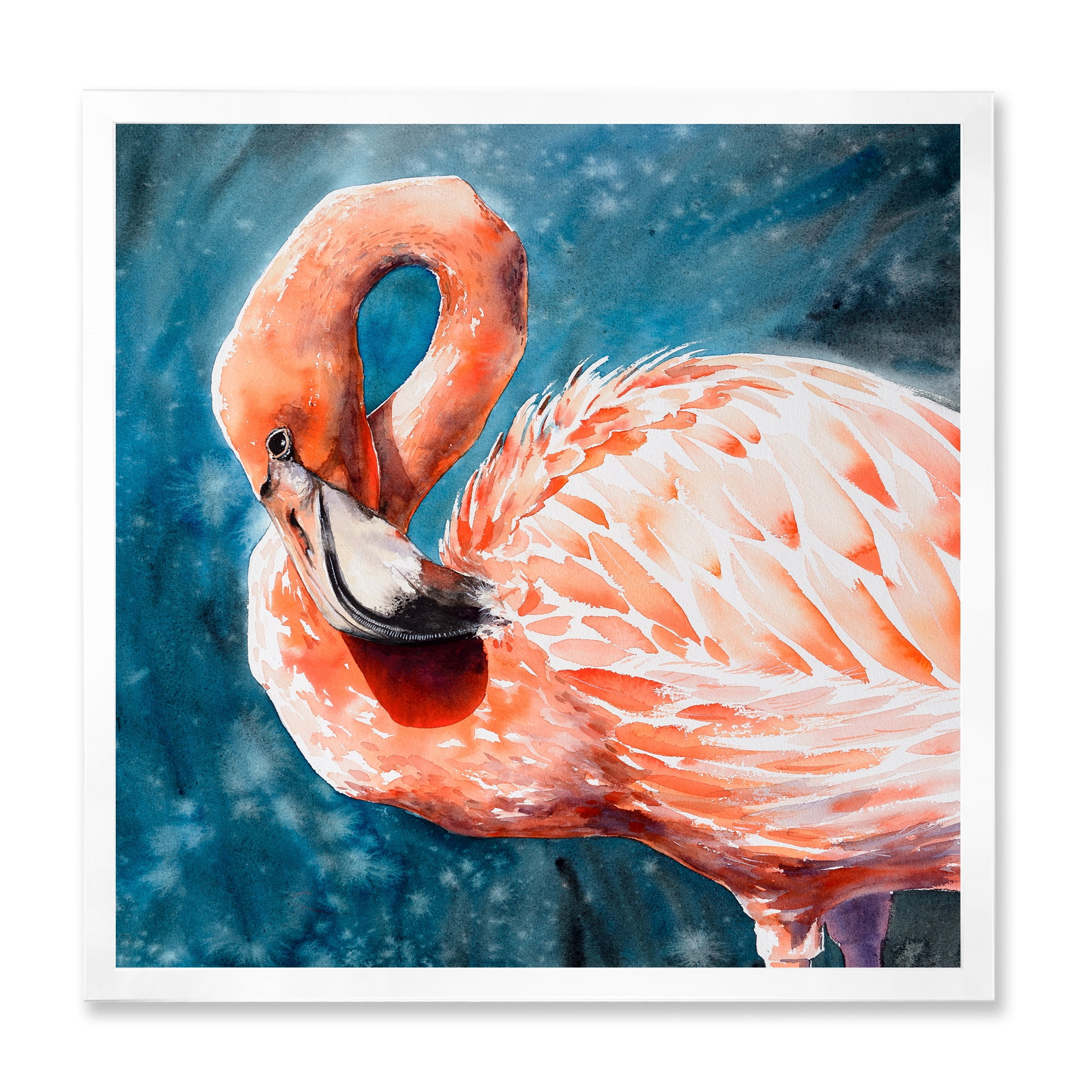 Designart 'Pink Flamingos Love Birds In Blue Water II' Farmhouse Framed Art Print