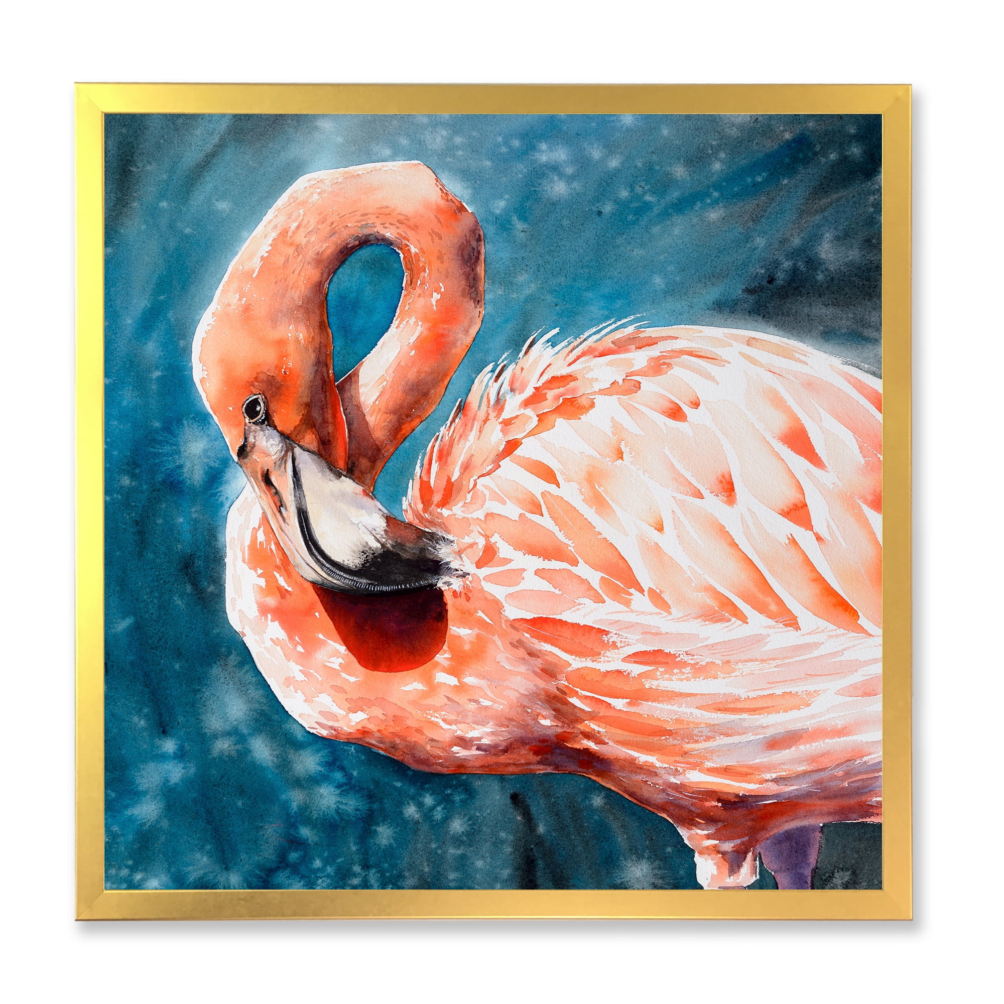 Designart 'Pink Flamingos Love Birds In Blue Water II' Farmhouse Framed Art Print