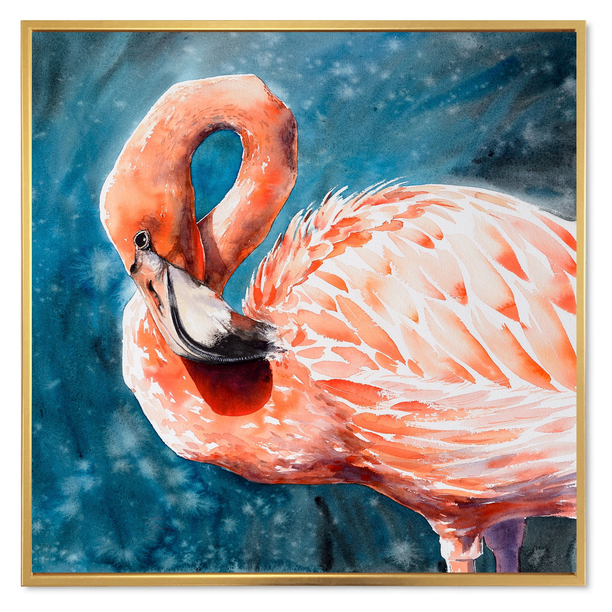 Designart 'Pink Flamingos Love Birds In Blue Water II' Farmhouse Framed Canvas Wall Art Print
