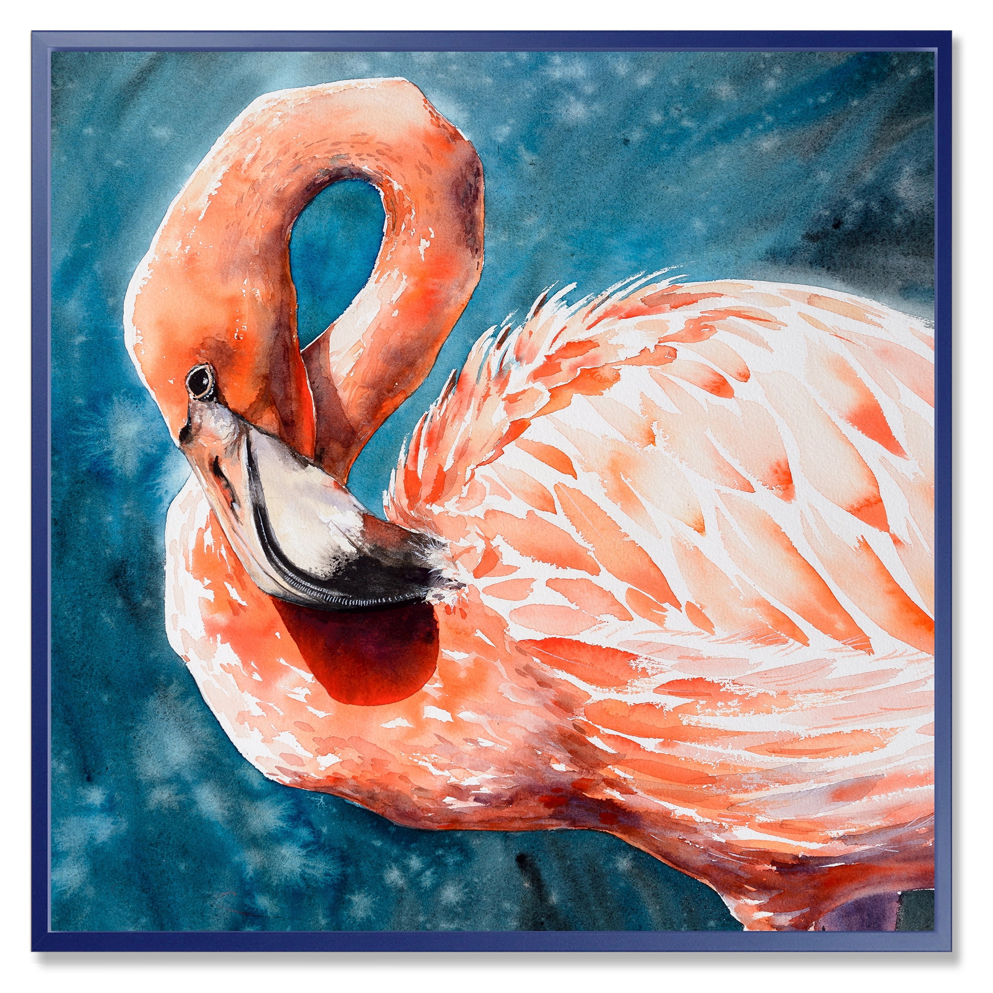 Designart 'Pink Flamingos Love Birds In Blue Water II' Farmhouse Framed Canvas Wall Art Print