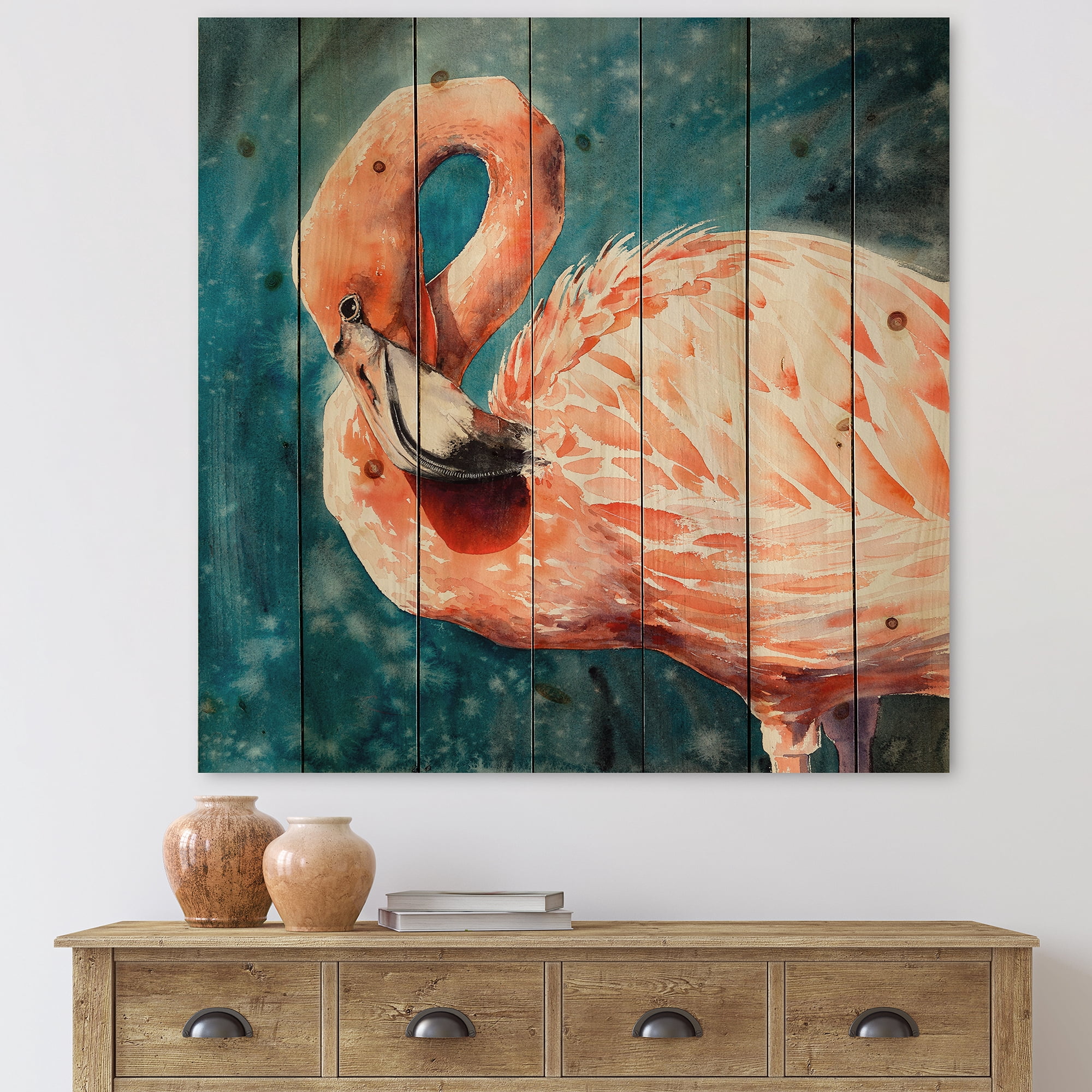 Designart 'Pink Flamingos Love Birds In Blue Water II' Farmhouse Print on Natural Pine Wood