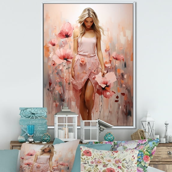 Designart "Pink Floral Ballet Woman" Fashion Framed Wall Art - Glam Pink Ballet Entryway Framed Wall Art Print