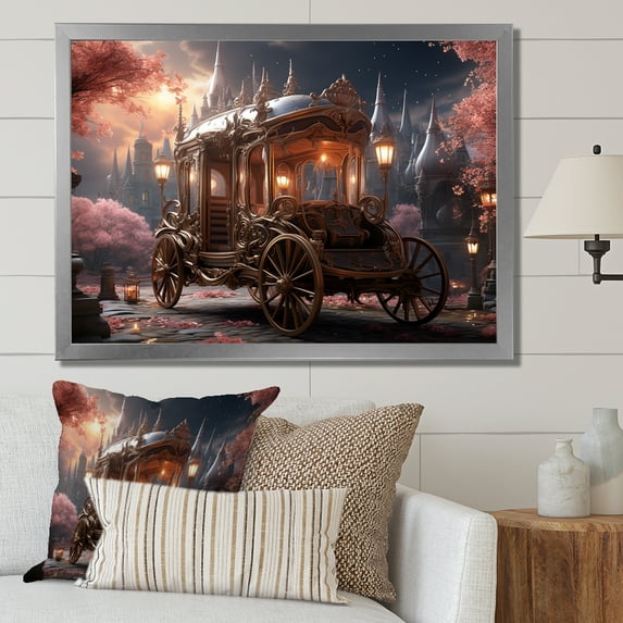 Designart "Pink Floral Decor on a Princess Carriage" Transportation Framed Wall Art Decor - Modern Pink Old American Cart Hallway Framed Wall Art Decor
