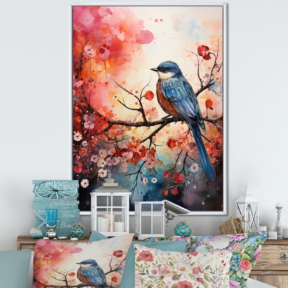 Designart "Pink Floral Garden with Eastern Bluebird" Animals Framed Wall Art - Shabby Chic Pink Bird Floral Entryway Framed Wall Art